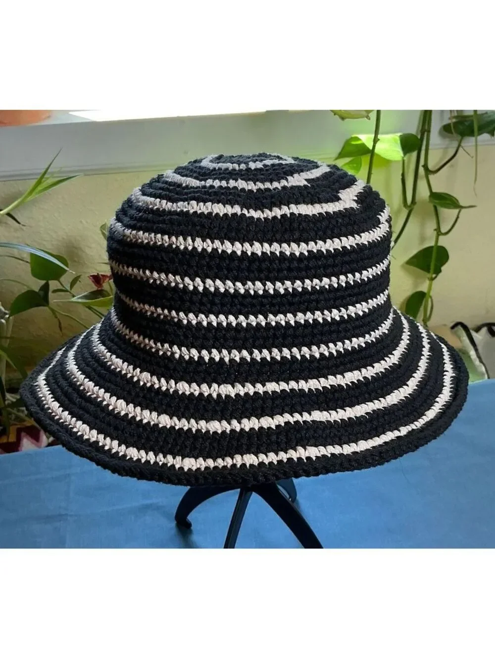 Crocheted Cotton Bucket Hat Black and White Striped 90's Sun Hat
